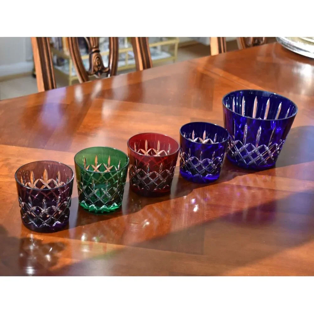 Vintage Set of AJKA Colored Crystal Old Fashioned Glasses with Ice Bucket